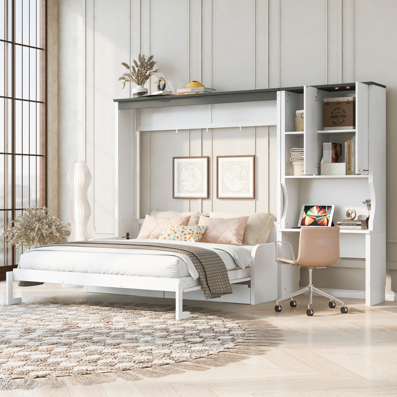 Queen Size Multi-Functional Murphy Bed with Sofa, Desk & Storage Cabinet – Space-Saving Foldable Wall Bed