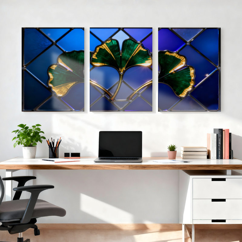 Ensemble de 3 tableaux muraux en toile tendue représentant des feuilles de ginkgo, avec vitrail, H 30 po x l 60 po