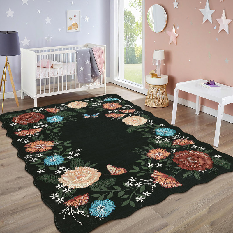 Floral Area Rug – Modern Washable Non-Slip Carpet for Living Room, Bedroom, Dining, Nursery, Office – Soft, Mark Resistant, Low-Pile, Scalloped Farmhouse Accent Decor (Black, Pink, Yellow)