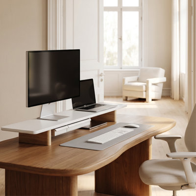 42.5" Dual Monitor Stand with Storage Drawer & Solid Wood Legs White