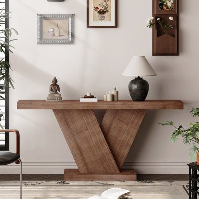 Modern X-Leg Console Table, 66" L, Solid Wood Veneer, Narrow Entryway Hallway Sofa Table, Walnut Finish | Gift Idea
