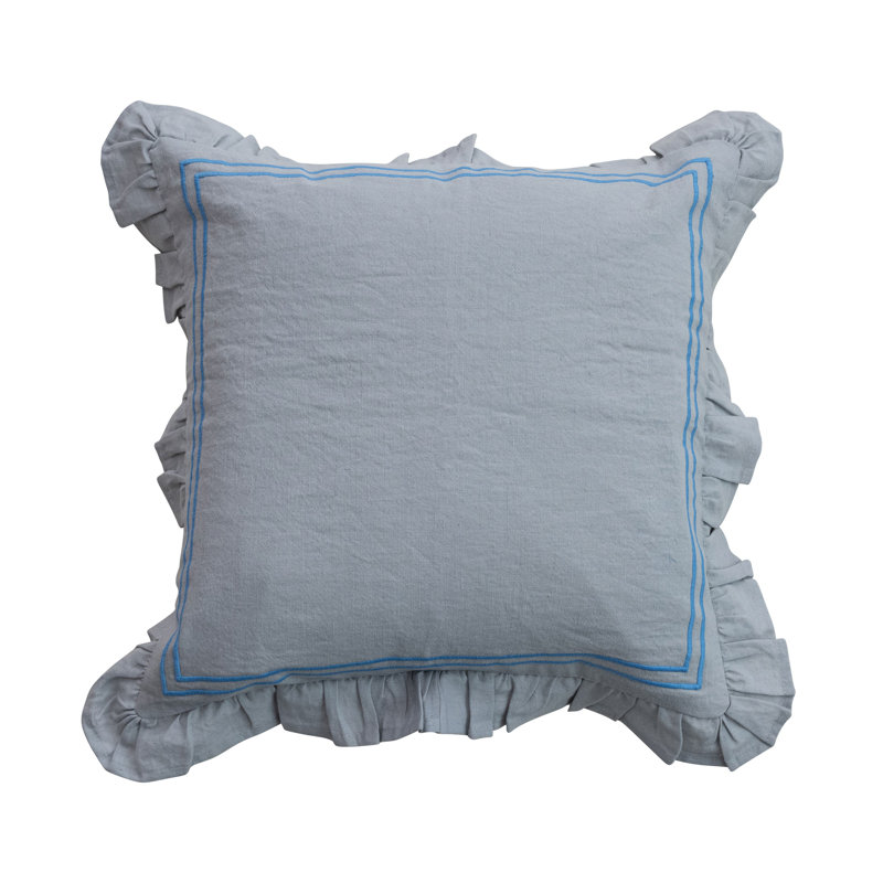 18" Square Cotton & Linen Pillow W Ruffle, Blue, Blue