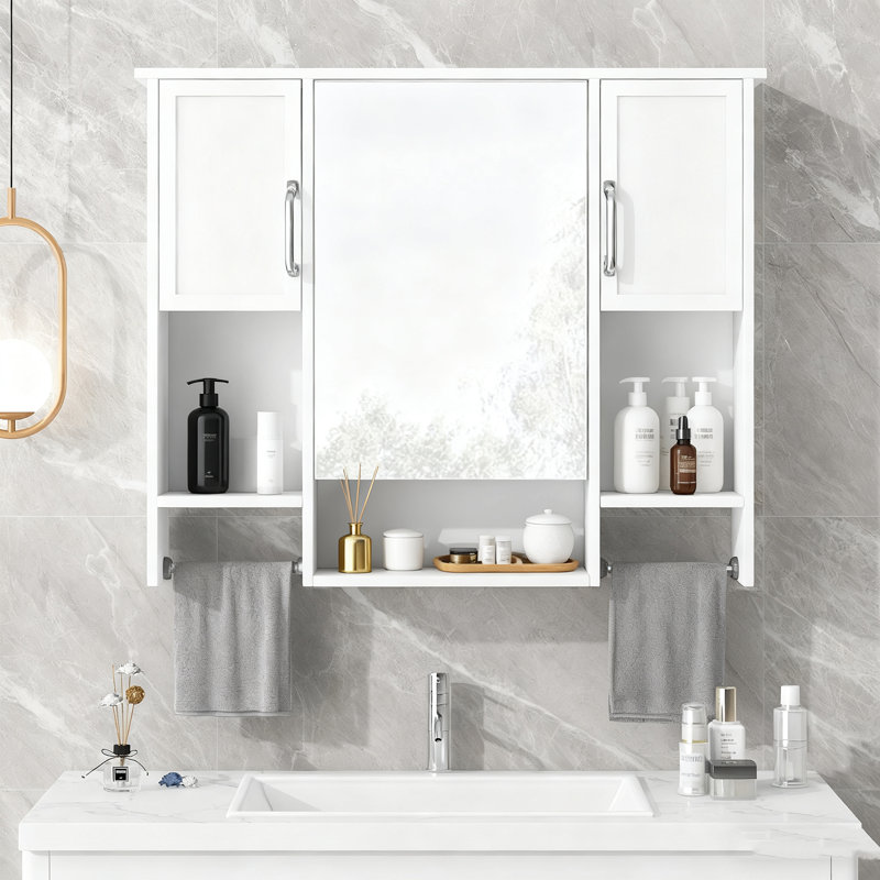 Armoire de salle de bain murale moderne 35 po x 28 po - Rangement pour médicaments avec miroir et barre à serviettes, conception peu encombrante