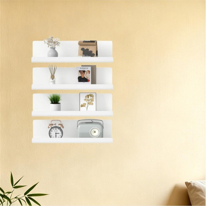 Set of 4 Gray Plastic Floating Wall Shelves for Display, White