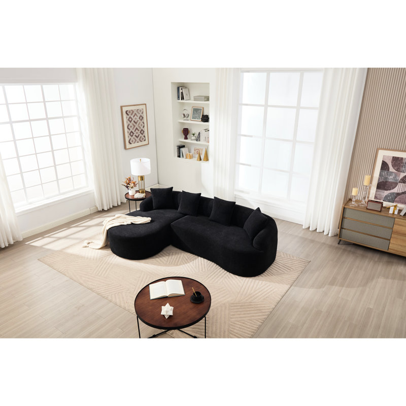 Canapé modulaire en L en chenille noire, mousse 30d de hauteur, canapé-lit pour la chambre à coucher, profondeur d'assise plus profonde, surélevé, 4 coussins inclus en chenille de 3 po, appartement, salon, dossier,