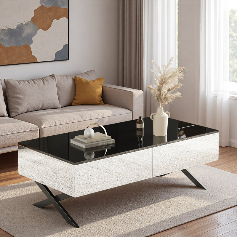 Table basse rectangulaire à miroir avec 2 tiroirs et plateau noir ultrabrillant