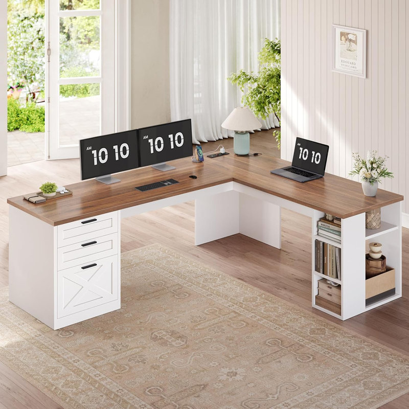 67" Farmhouse L Shaped Desk With 3 Drawers, Executive Desk, White/Brown