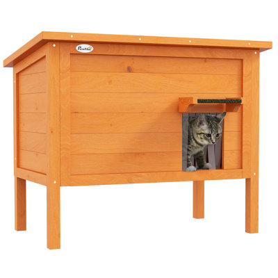 Tucker Murphy Pet™ Outdoor Cat House, Wooden Insulated Cat Shelter With Asphalt Roof, Removable Floor, Foam, For Cats, Small Animals, Orange