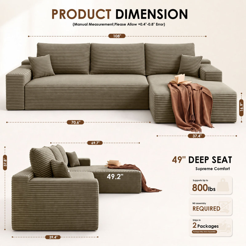 108" Modular Sectional Sofa For Living Room Modern L-Shape Cloud Couch Compression Upholstered Boneless Corduroy Fabric Deep Seat With Chaise