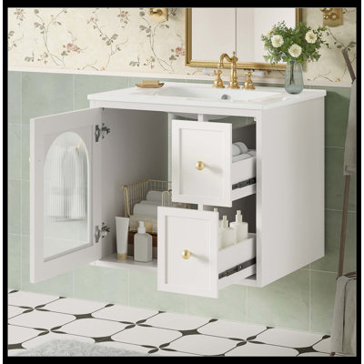 Ensemble de meuble-lavabo mural 24 po pour petits espaces, armoire avec lavabo en céramique, 2 tiroirs et 1 porte à fermeture douce
