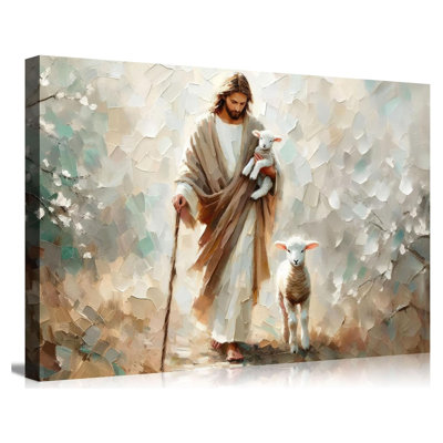 Jesus Lamb Canvas Wall Art - The Good Shepherd Wall Decor - Picture - Jesus Finds The Lost Lamb - Poster Print - For Living Room, Bedroom, Church - Ready To Hang