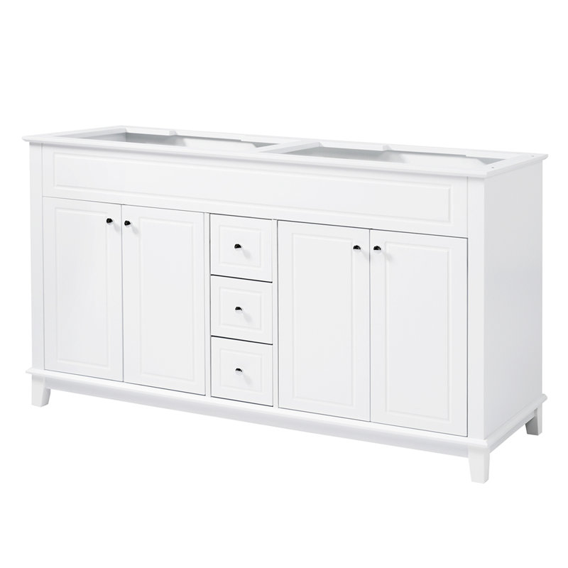 Armoire de meuble-lavabo 58 po seulement, 3 tiroirs et 4 portes (2 avec tablettes à double couche), pieds en bois massif, tous à fermeture en douceur