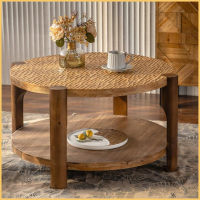 Solid Wood Leg Round Coffee Table for Living Room, 2-Tier Space-Saving &amp; Easy to Clean
