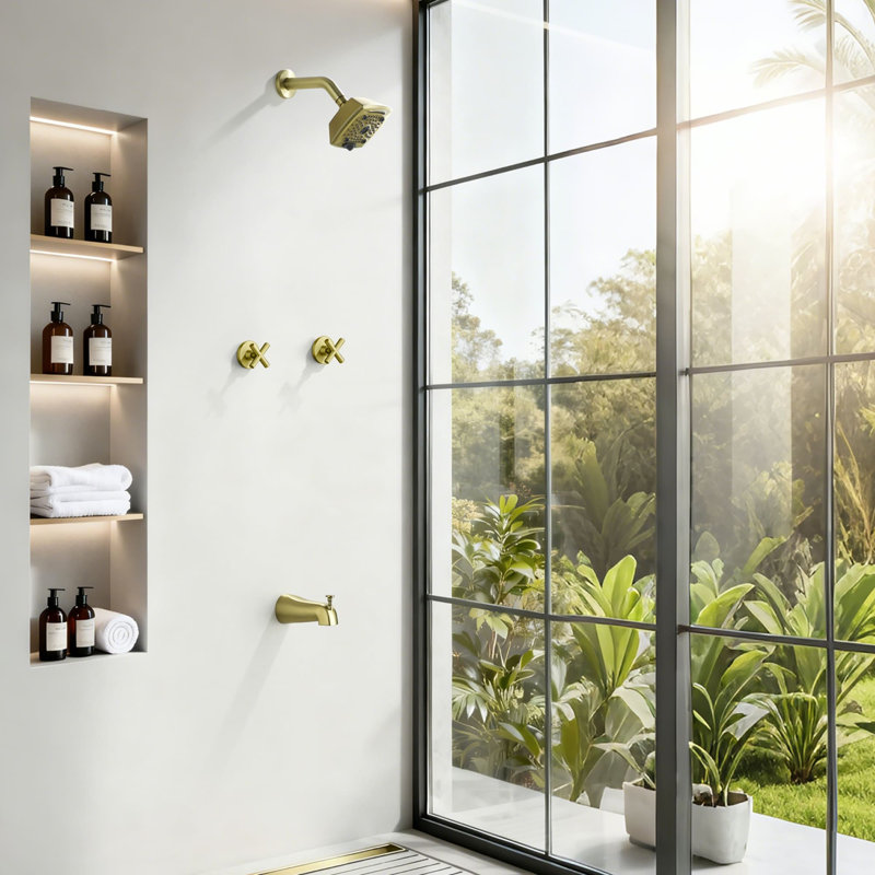 5 Inch Wall Mount Tub Shower System 2 Handle Shower Faucet Set Brass Shower Trim Kit With Rough-In Valve, Brushed Gold