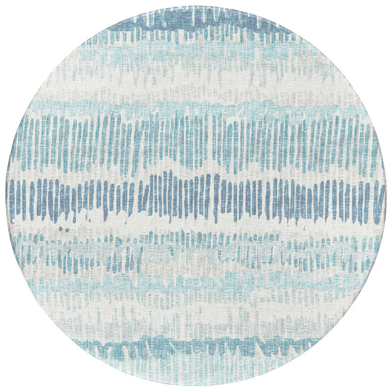 Tapis rayé bleu tissé à la machine, Rond 8 pi