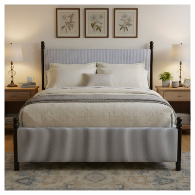 Très grand lit tapissier 48 po avec tête de lit haute et poteaux en bois d'hévéa