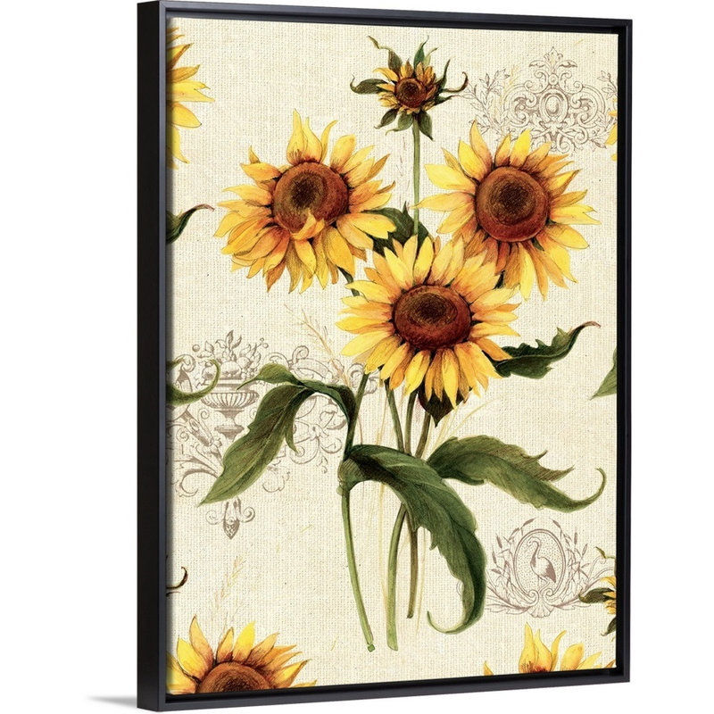 Art mural de tournesols botaniques, H 30 po x l 40 po x P 1,75 po, Cadre noir