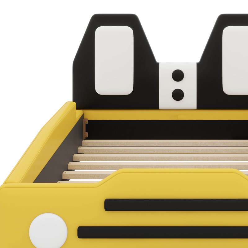 Twin Size Race Car-Shaped Platform Bed Frame For Boys Girls Kids Adults Toddler With Wheels, Yellow