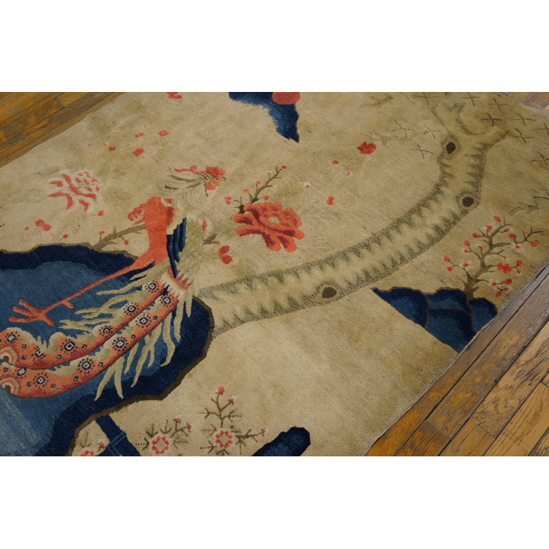 Small Scenic Pictorial Antique Chinese Bird Design Baotou Area Rug