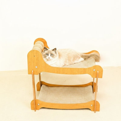 2 Tier Sisal Cat Scratcher Bed, Wooden Cat Hammock with Scratching Pad, Elevated Cat Furniture for Indoor Cats