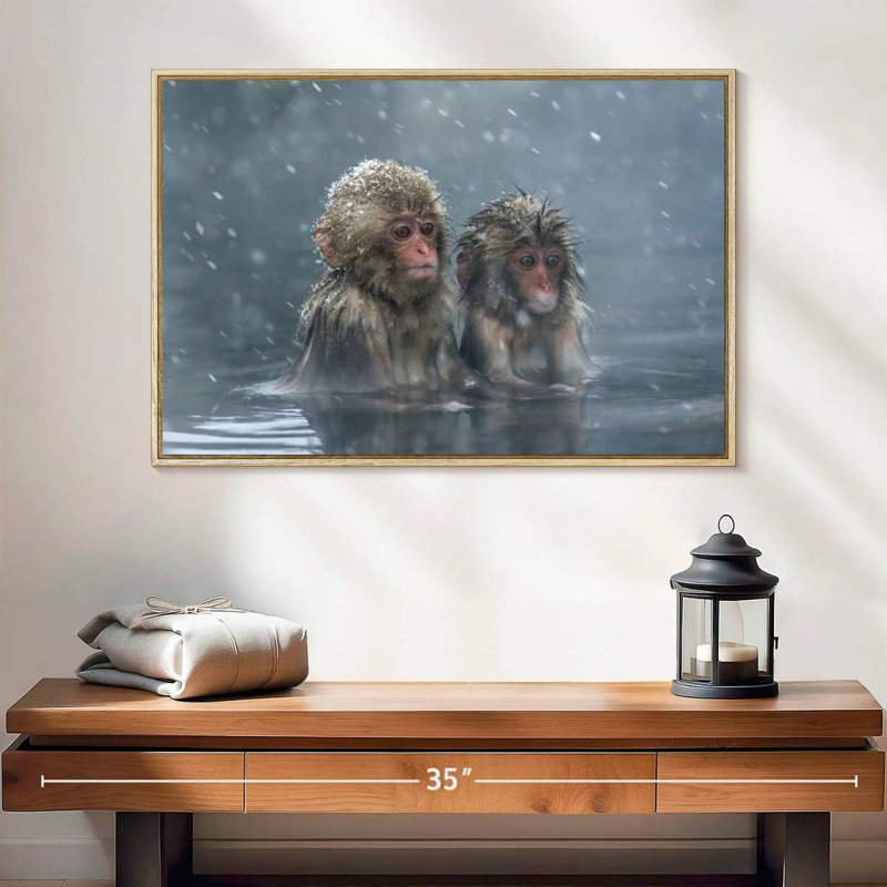Duo de singes, Cadre flottant en bois naturel, 25 po x 17 po