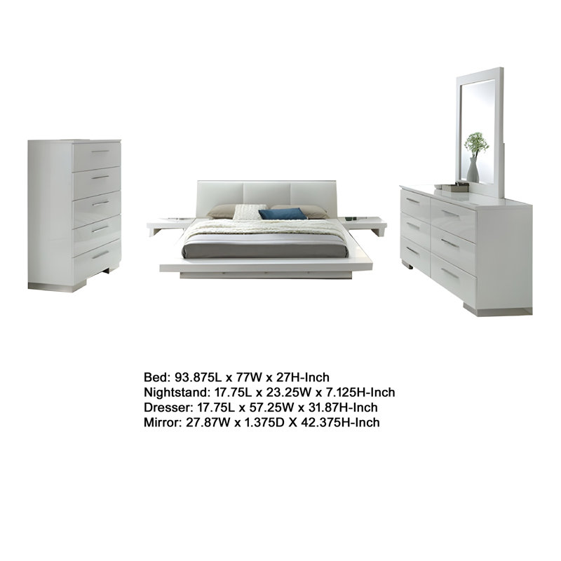 Ensemble de chambre avec grand lit 4 pièces Estin, miroir à commode, blanc Estin
