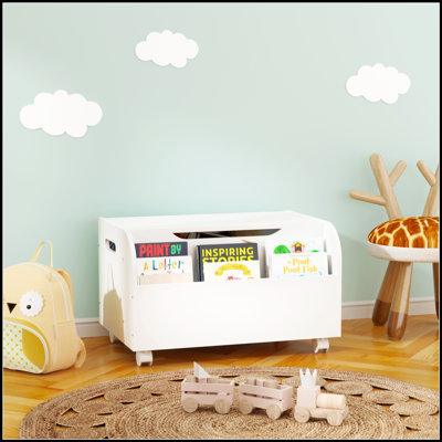Coffre à jouets en bois avec 4 roues universelles, organisateur de rangement pour jouets pour enfants avec bibliothèque avant, couvercle rabattable, charnière de sécurité, banc de coffre pour garçon