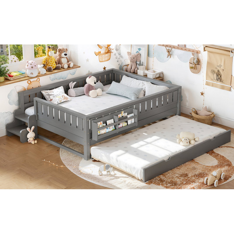 Grand avec bibliothèque intégrée et petit escalier, rails de sécurité de haute qualité et lit gigogne, gris, Gray