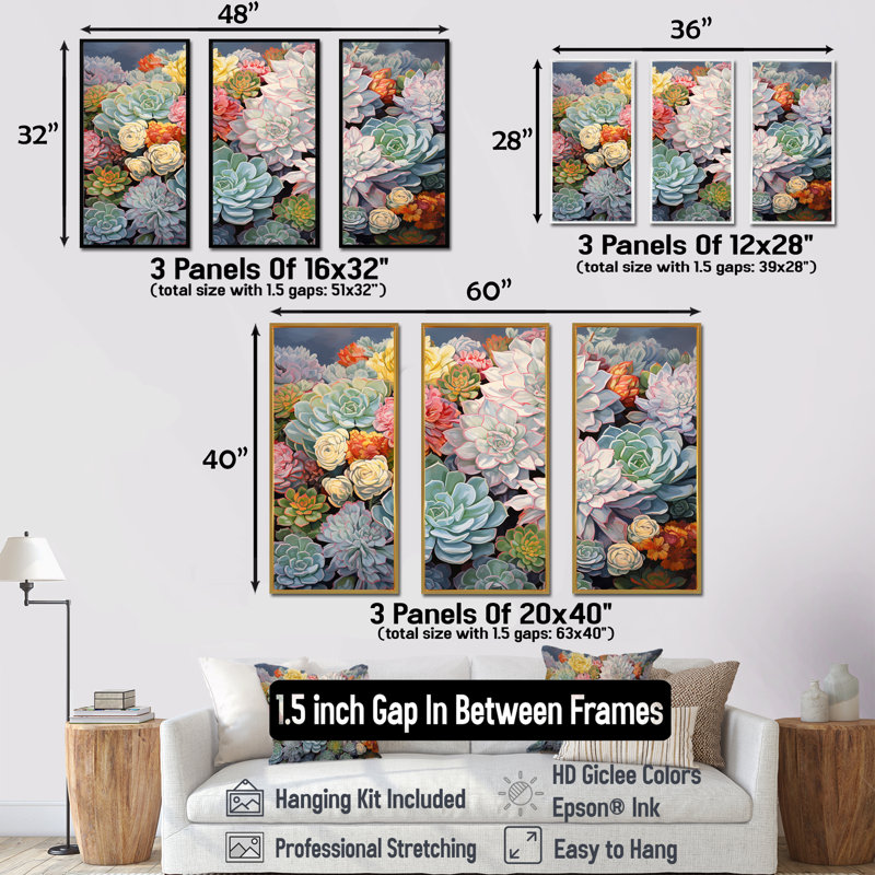 Blue Succulent Dessert Charm - Succulent Wall Decor Set, Natural Floater Framed, 40" H x 60" W x 1" D