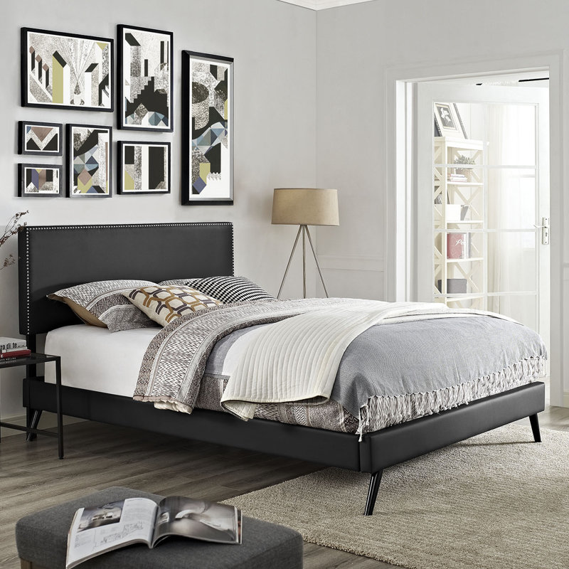 Lit plateforme tapissier en vinyle avec pieds ronds évasés Modway Phoebe, Blanc, Très grand