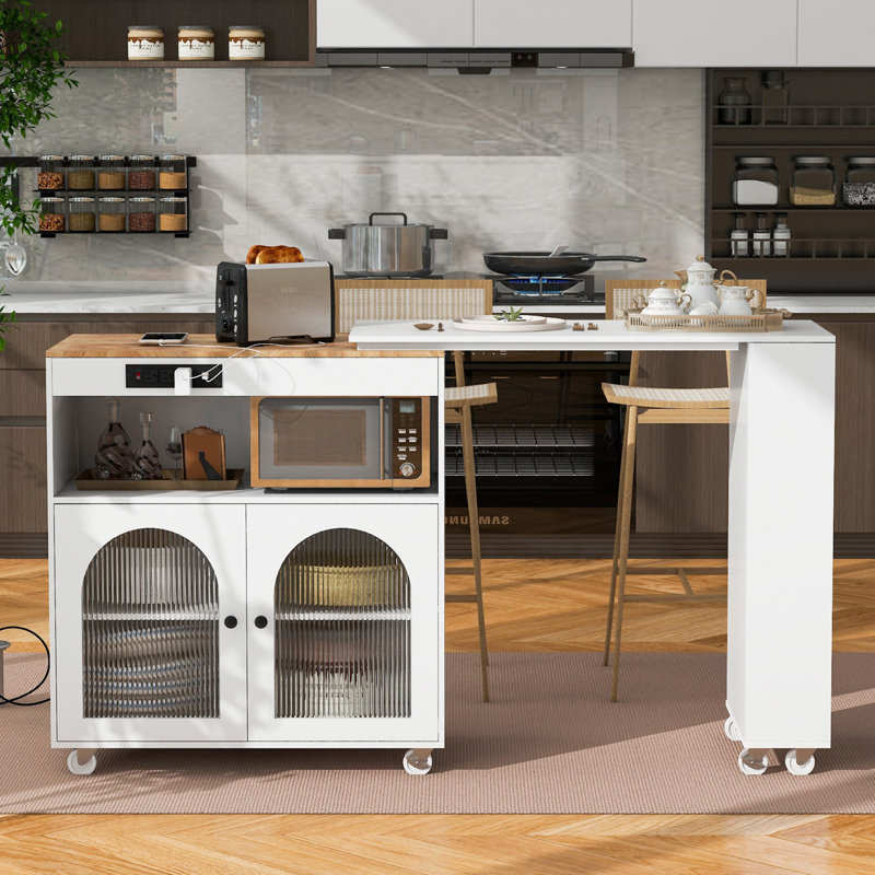 Îlot de cuisine roulant avec table allongée, White