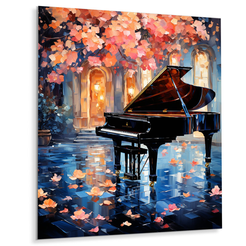 «Black Grand Piano Floral Symphony», art mural piano en métal, H 40 po x l 30 po x P 1,5 po