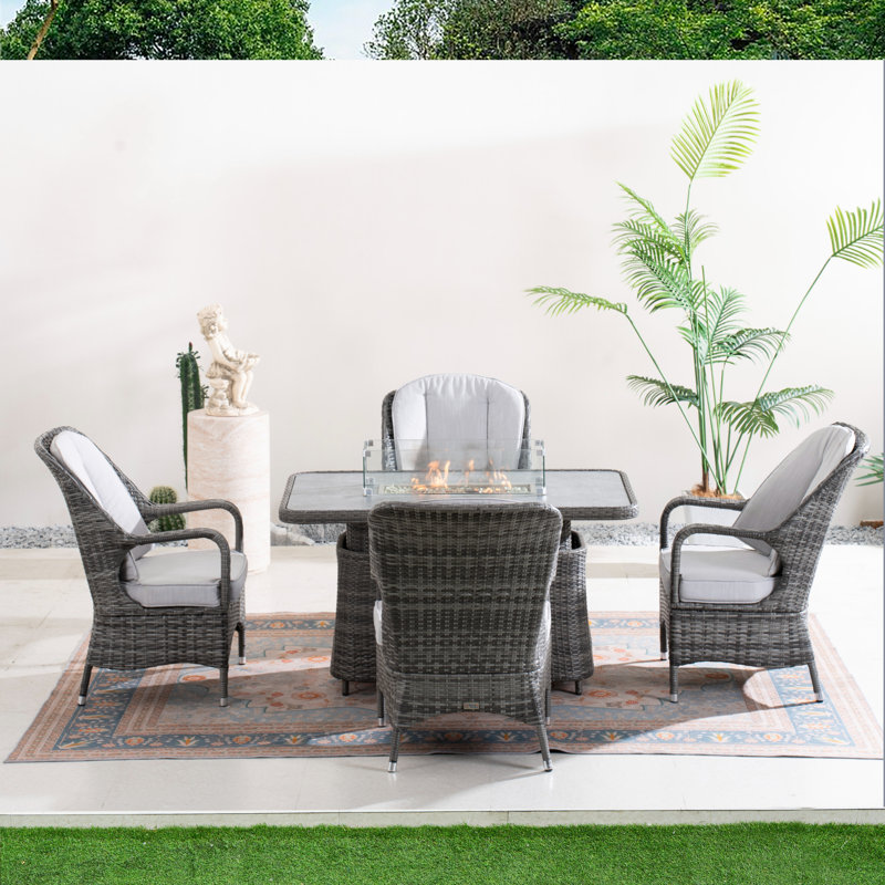 4-Person Wicker Patio Dining Set With Cushions And Adjustable Fire Pit Table, Gray Cushion/Gray Frame