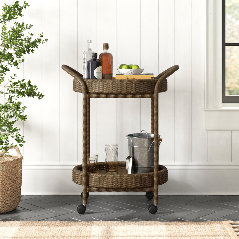 Brown Oval Rattan Bar Cart with Woven Baskets