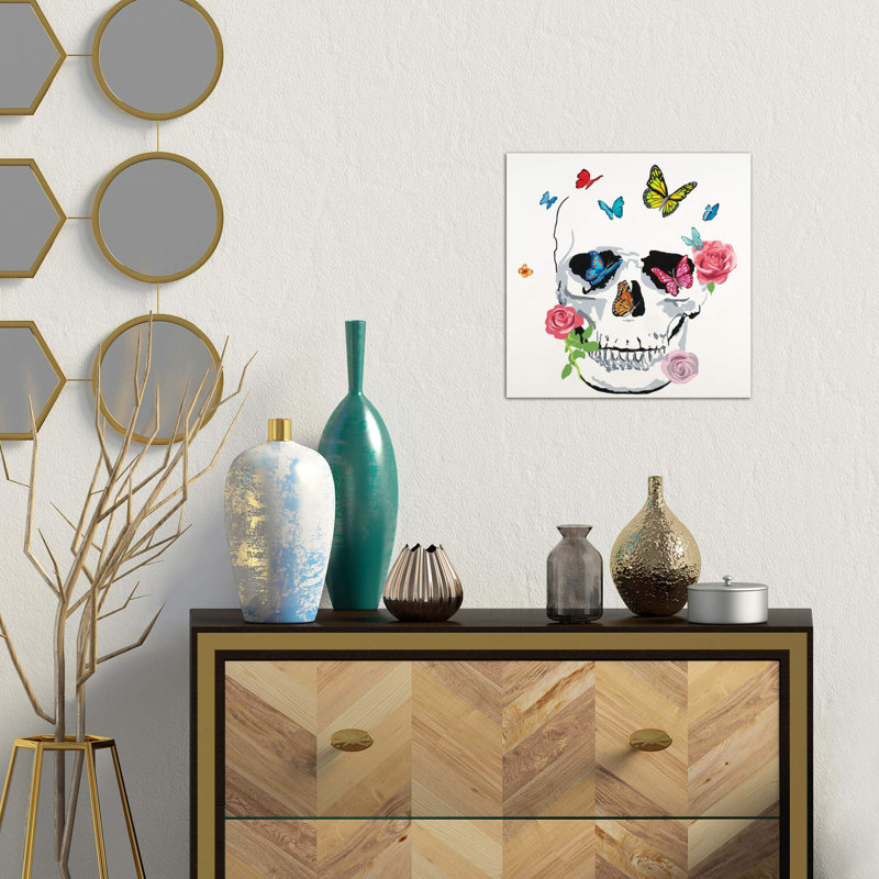 Butterfly Flower Skull - Wrapped Canvas Painting, 66.04 cm H x 66.04 cm W x 1.91 cm D
