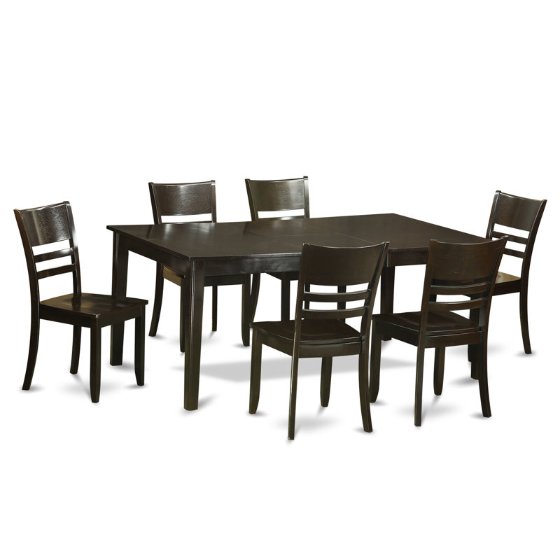Ensemble de salle à manger 7 pièces composé d'une table de salle à manger rectangulaire avec piédestal et 6 chaises de cuisine, cappuccino