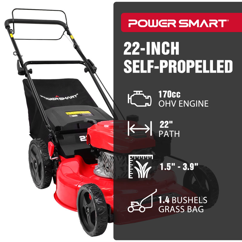 Powersmart 22" Gas Self Propelled Lawn Mower,3-In-1, 170Cc Engine, 6-Position Height Adjustment, 22" Steel Deck, Rear Bag, Mulch & Rear Discharge