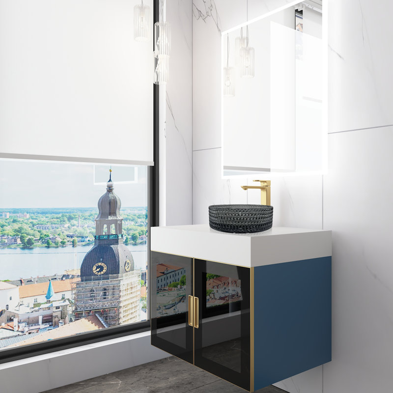Meuble-lavabo mural moderne de luxe avec comptoir à surface solide de 36 po et lavabo vasque rond en verre, Noir clair