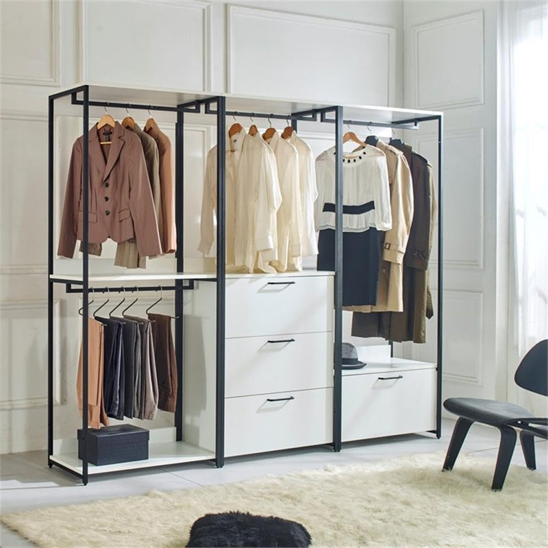  White Freestanding Walk in Wood Closet System with Sturdy Metal Frame Design