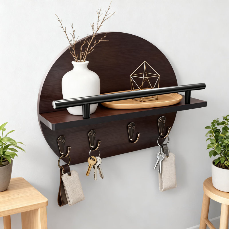 Porte-clés mural avec étagère à courrier et crochets, rangement rustique pour clés, courrier et articles essentiels, porte-clés décoratif en bois massif