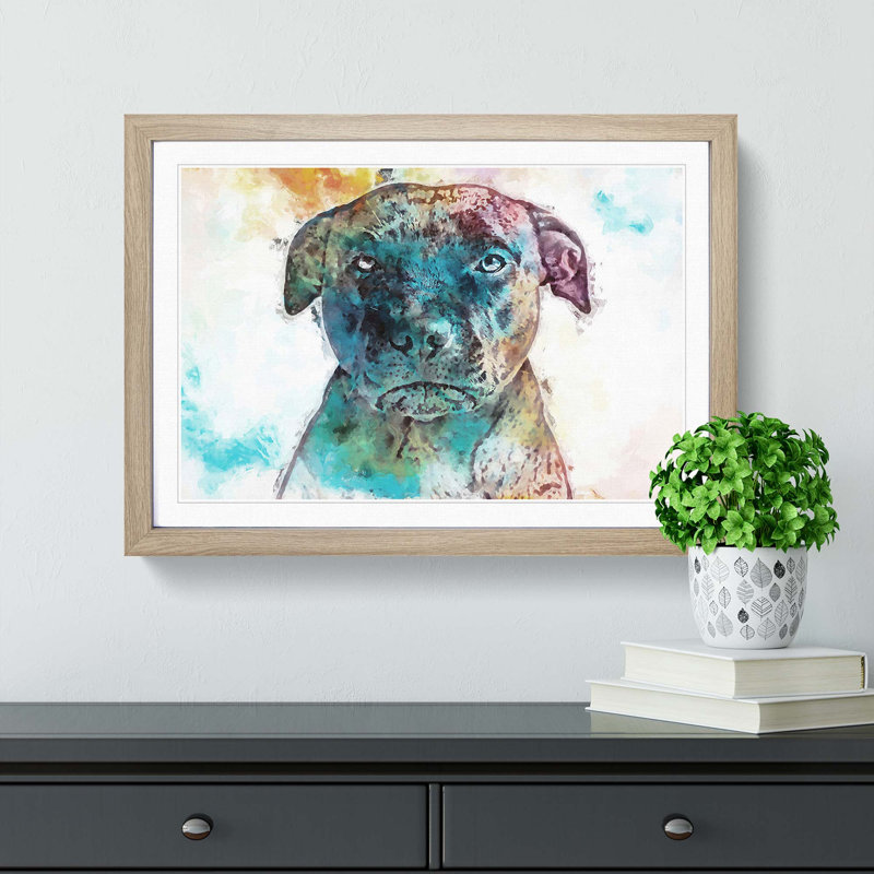 A Staffordshire Bull Terrier Dog in Abstract - Picture Frame Painting Print, 27cm H x 36cm W x 2cm D, Oak Framed