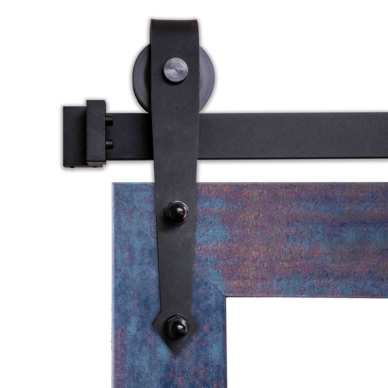 Miroir rustique moderne avec rail de porte de grange en acier, 28 po x 33 po, Laiton acier