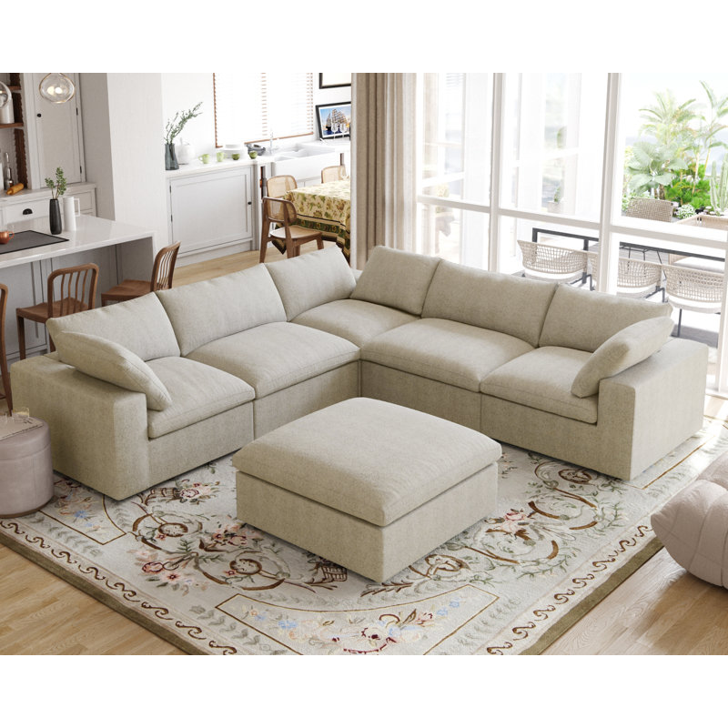 Kenda 6-Piece Upholstered Modern Linen Slipcovered Sectional Sofa With Ottoman, Khaki Linen