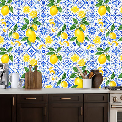 Papier peint auto-adhésif à carreaux méditerranéen bleu majolica jaune citron sans fin Papier de contact amovible adhésif mural pour armoires de cuisine de chambre à coucher 17,7 po x 118 po