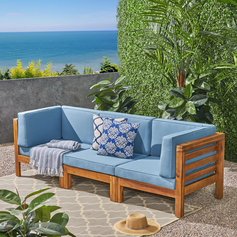 Ensemble de conversation avec canapé 2 pièces Napier, Structure brune / coussin bleu, 3