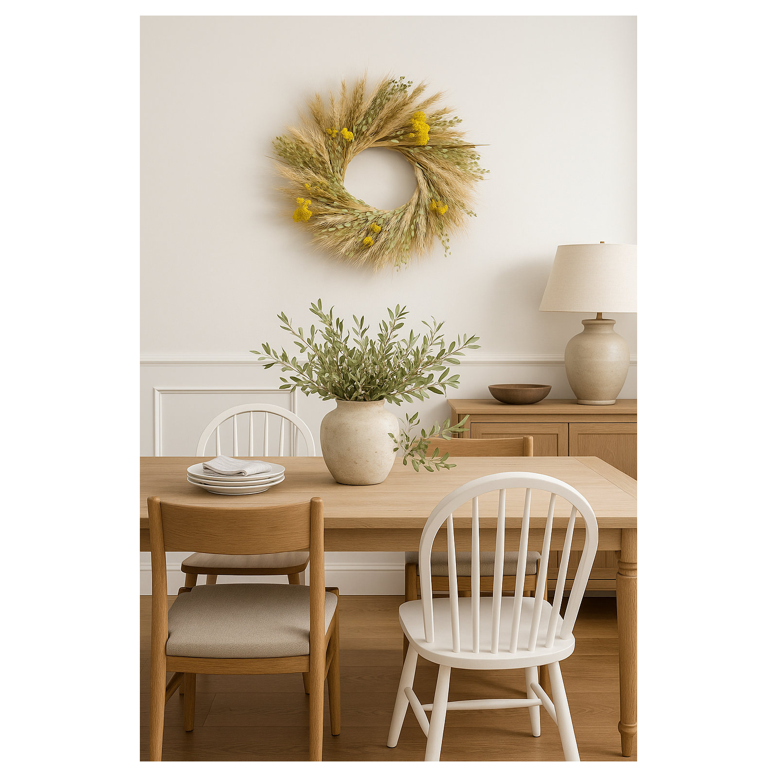 Dried Wheat and Yarrow Spring Wreath, 30" W x 30" H x 6" D