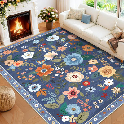 Tapis 9 pi x 12 pi à motif floral bleu / gris Boho