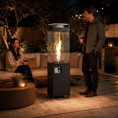 Chauffe-terrasse 41 000 BTU au propane avec roulettes et chauffe-terrasse extérieur en verre à 4 côtés