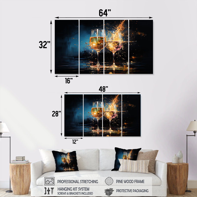 «Wine Claret Brillance Cheers - Wine», art mural 4 pièces, H 28 po x l 48 po