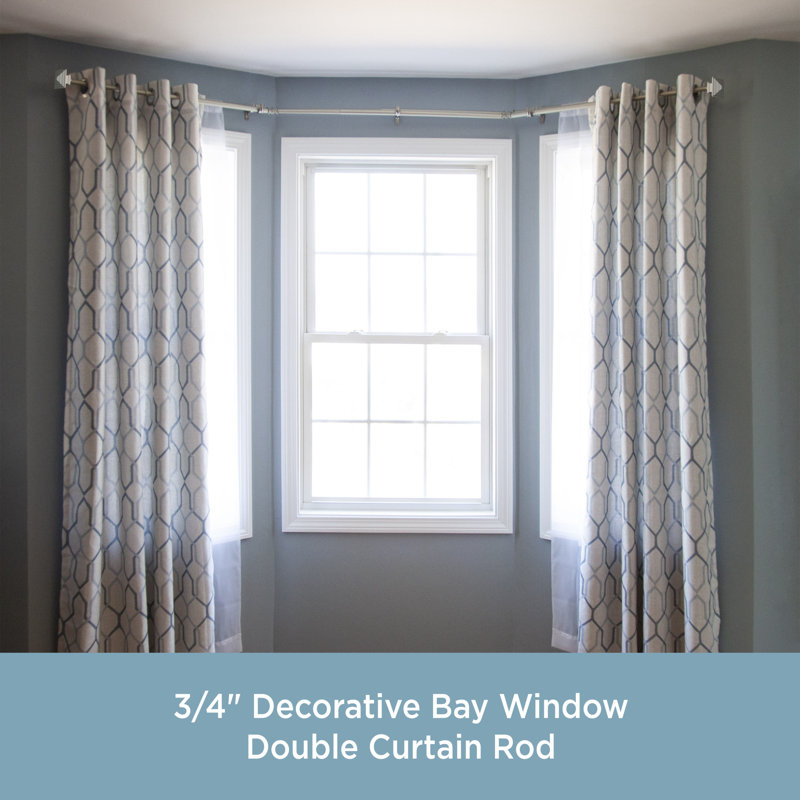 Brushed Nickel Steel Double Bay Window Curtain Rod with Square Finials